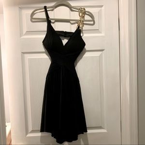 BCBG black cocktail dress with gold chain strap